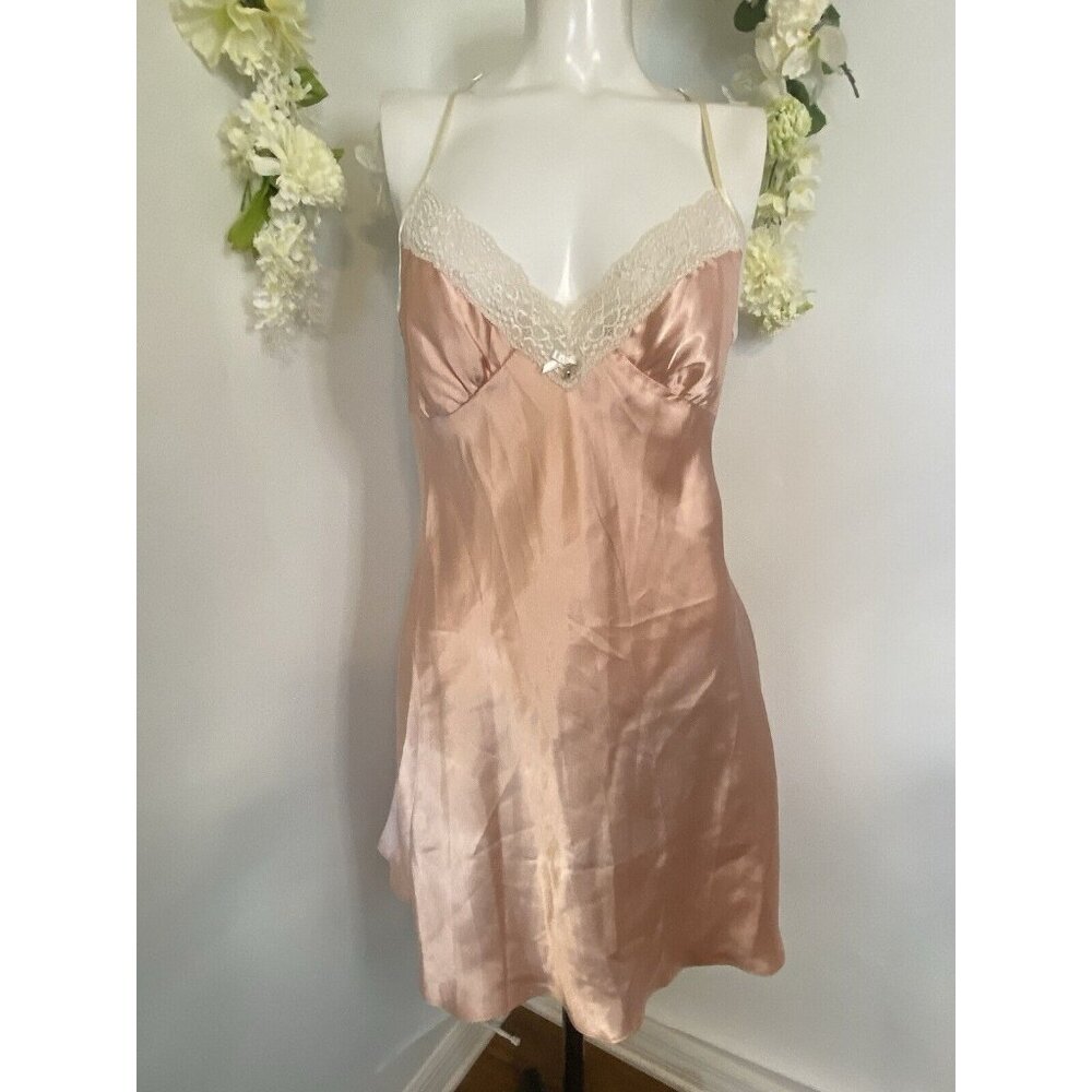 Linea Donatella Vintage Rose Pink Night‎ Gown Chemise Off White Lace Size Medium